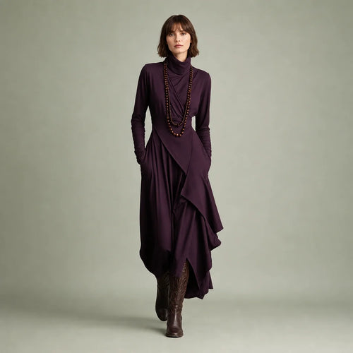 Women's Cotton Blend Maxi Dress | Relaxed Turtleneck Bohemian Style 0