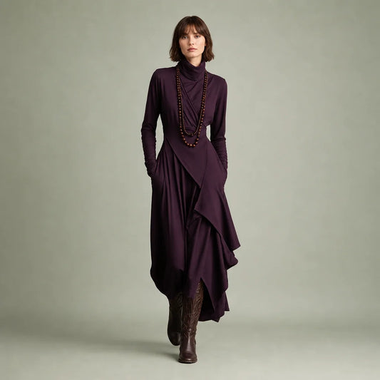 Women's Cotton Blend Maxi Dress | Relaxed Turtleneck Bohemian Style 0
