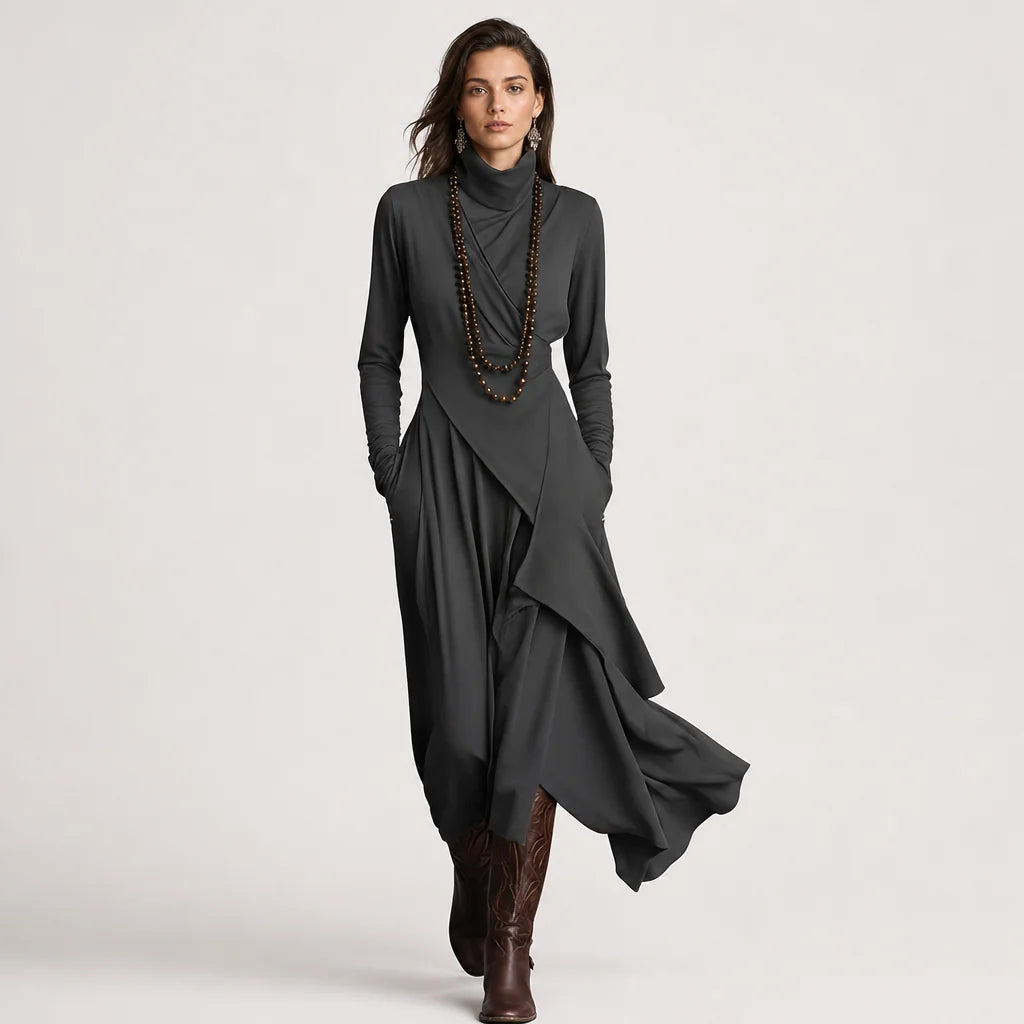 Women's Cotton Blend Maxi Dress | Relaxed Turtleneck Bohemian Style 4