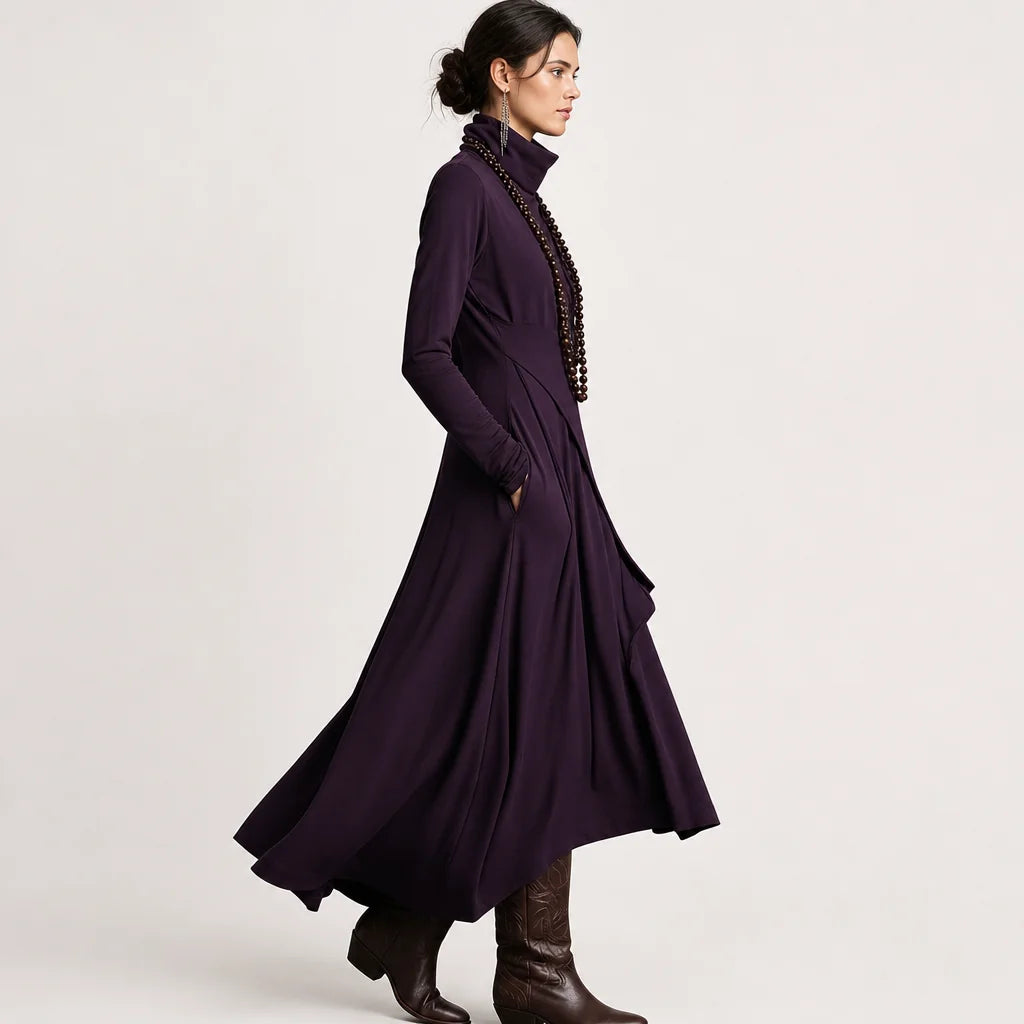 Women's Cotton Blend Maxi Dress | Relaxed Turtleneck Bohemian Style 5