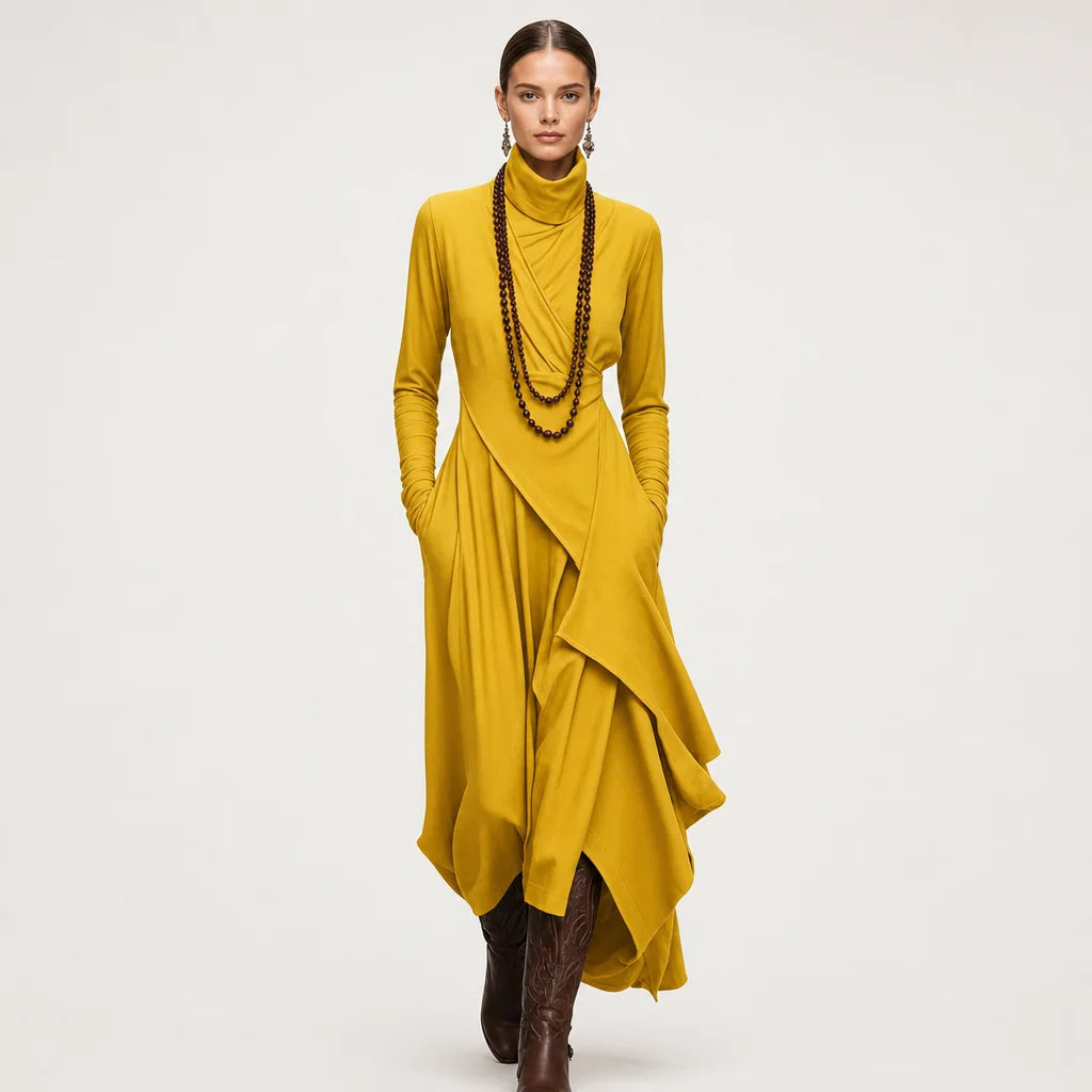 Women's Cotton Blend Maxi Dress | Relaxed Turtleneck Bohemian Style 8