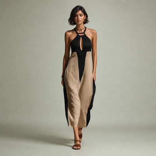 Women's Cotton Blend Midi Dress | Stylish Halter Neck Black Summer Dress 0