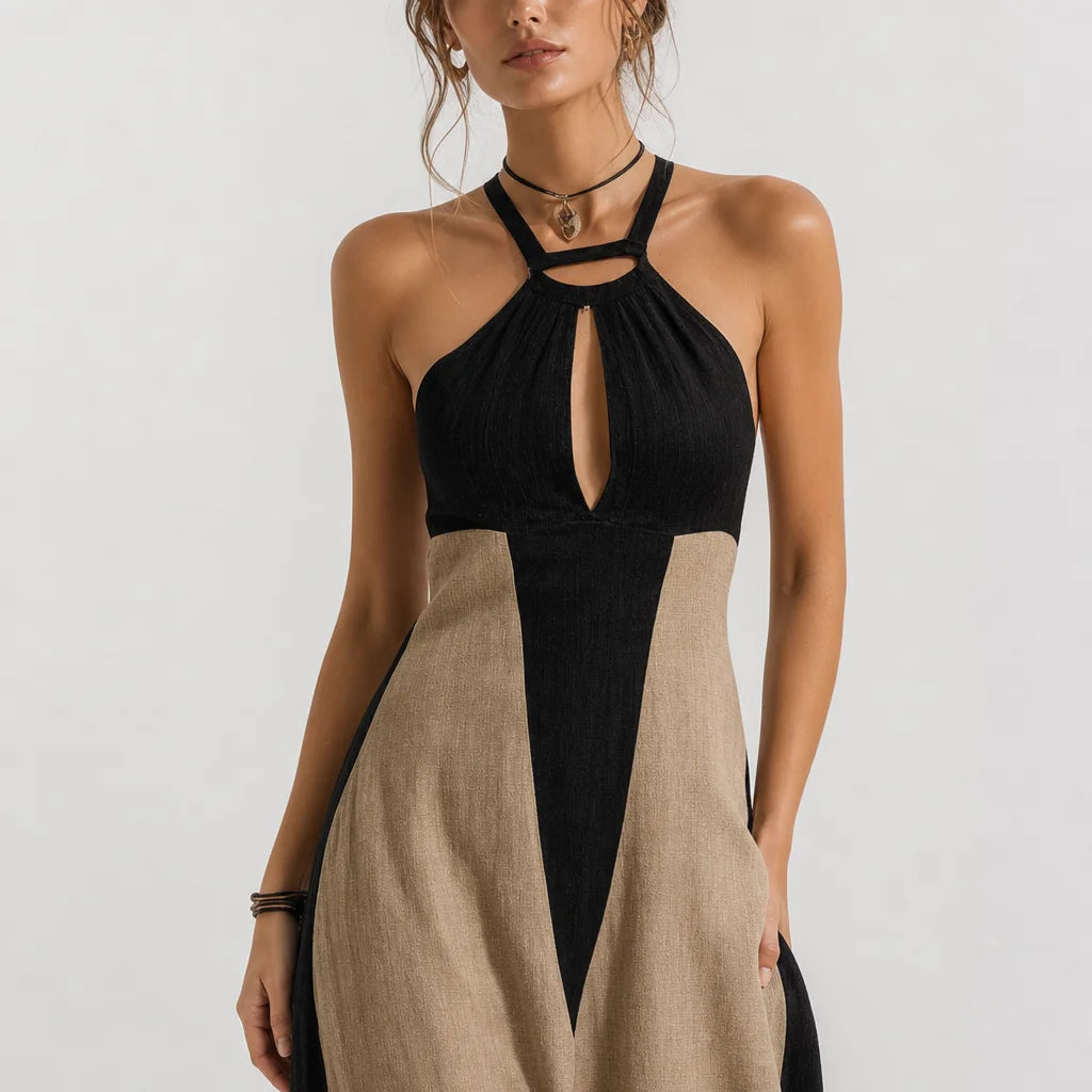 Women's Cotton Blend Midi Dress | Stylish Halter Neck Black Summer Dress 2