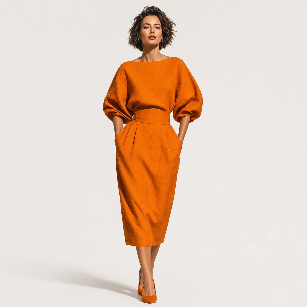 Women's Cotton Blend Two Piece Skirt Set | Stylish Orange Midi Skirt and Puffed Sleeve Top 1