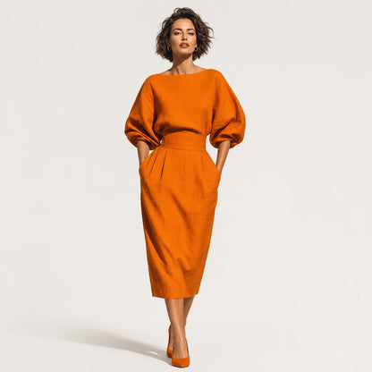 Women's Cotton Blend Two Piece Skirt Set | Stylish Orange Midi Skirt and Puffed Sleeve Top 1