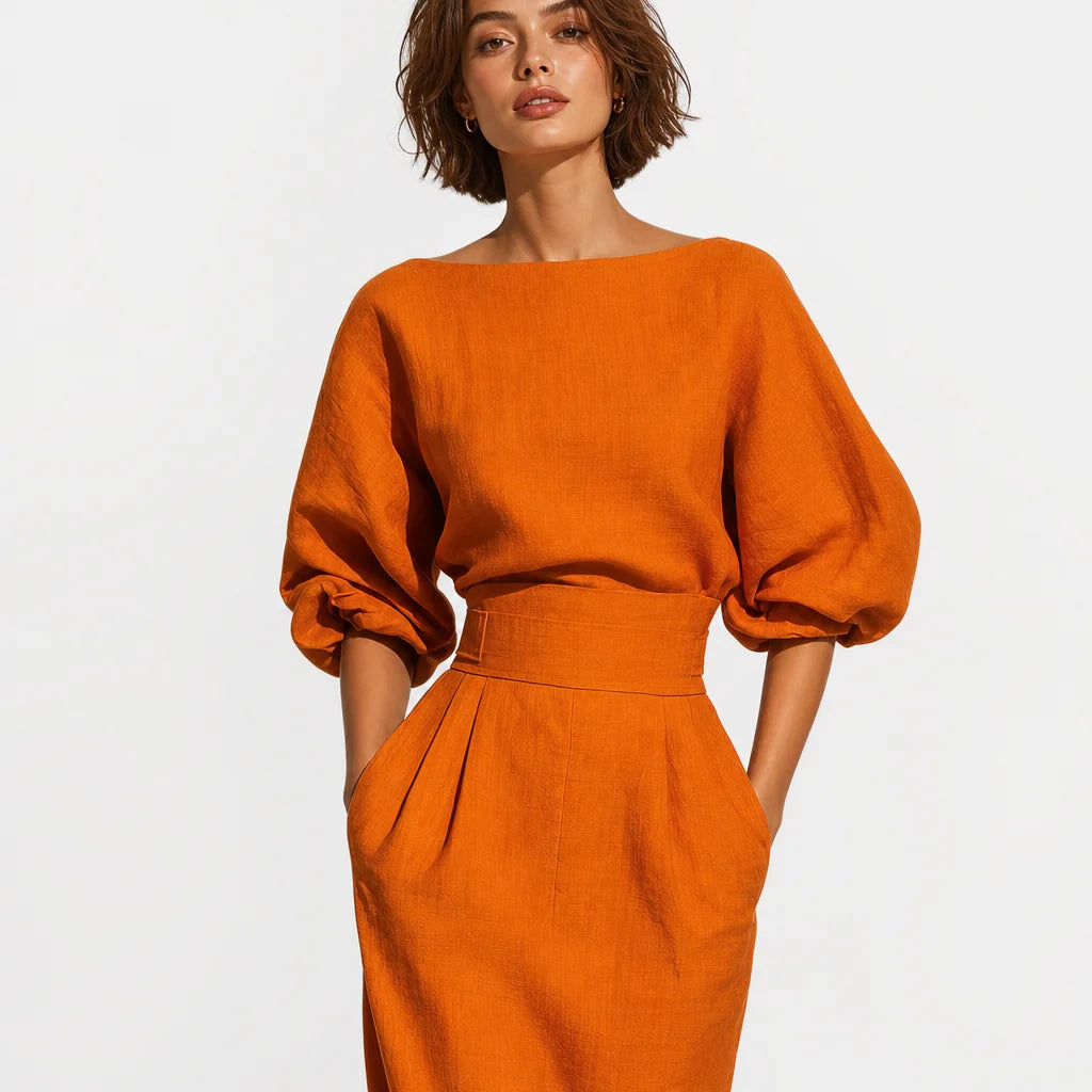 Women's Cotton Blend Two Piece Skirt Set | Stylish Orange Midi Skirt and Puffed Sleeve Top 2