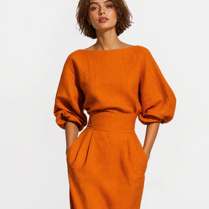 Women's Cotton Blend Two Piece Skirt Set | Stylish Orange Midi Skirt and Puffed Sleeve Top 2