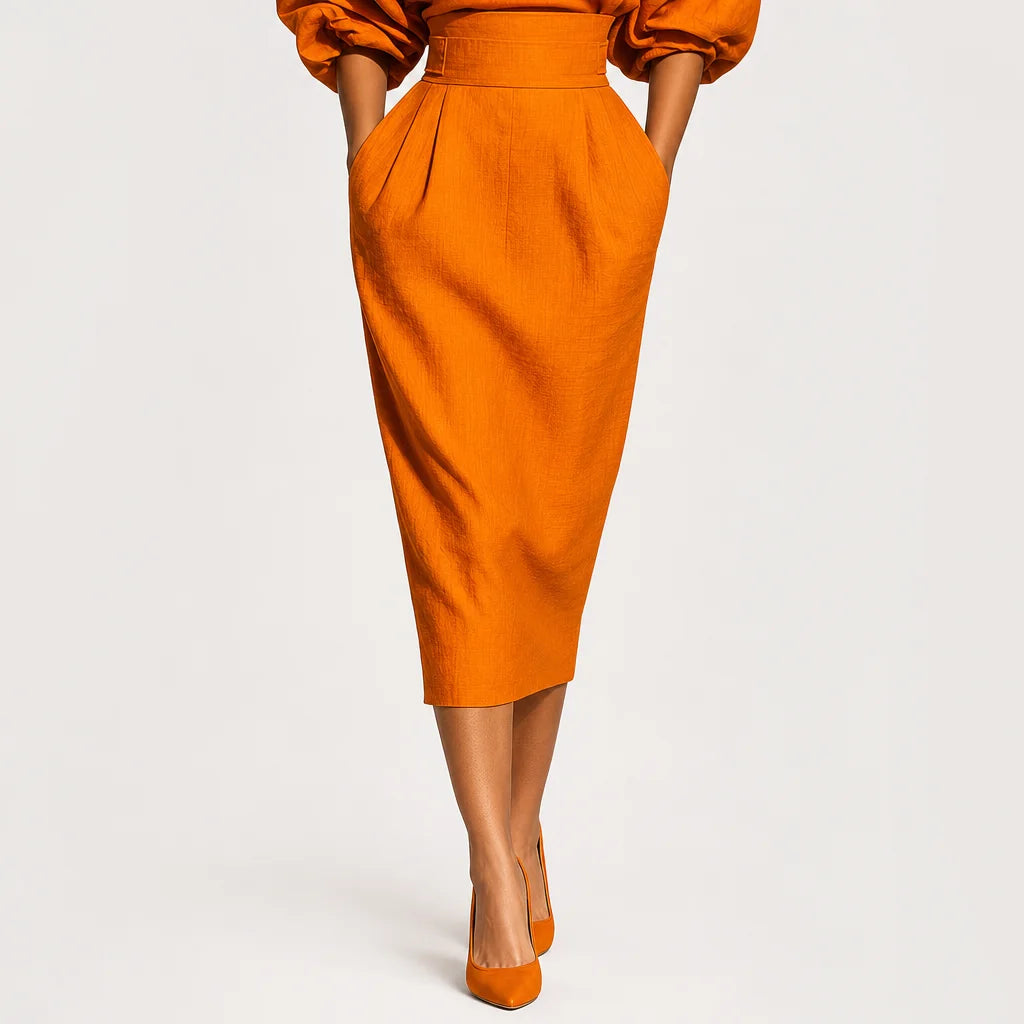 Women's Cotton Blend Two Piece Skirt Set | Stylish Orange Midi Skirt and Puffed Sleeve Top 3