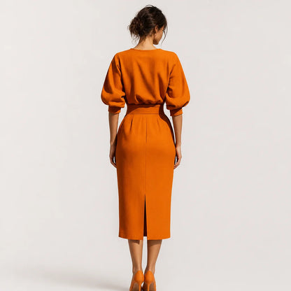 Women's Cotton Blend Two Piece Skirt Set | Stylish Orange Midi Skirt and Puffed Sleeve Top 4