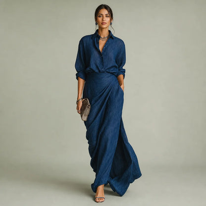 Women's Cotton Linen Blend Maxi Dress | Elegant Dark Blue Long Summer Dress 0