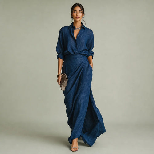 Women's Cotton Linen Blend Maxi Dress | Elegant Dark Blue Long Summer Dress 0