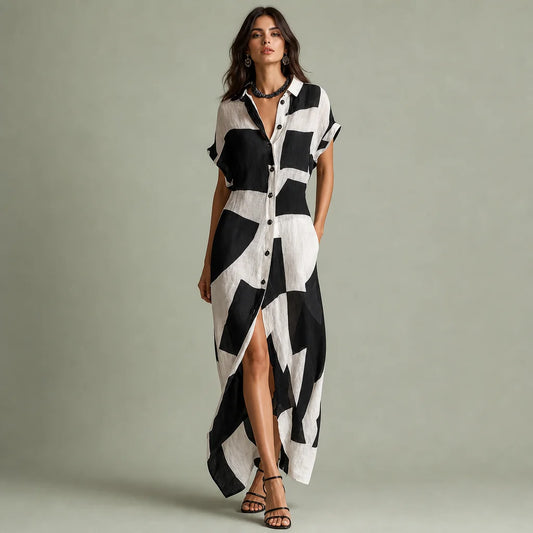 Women's Cotton Linen Blend Maxi Dress | Stylish Irregular Geometric Print Summer Dress 0
