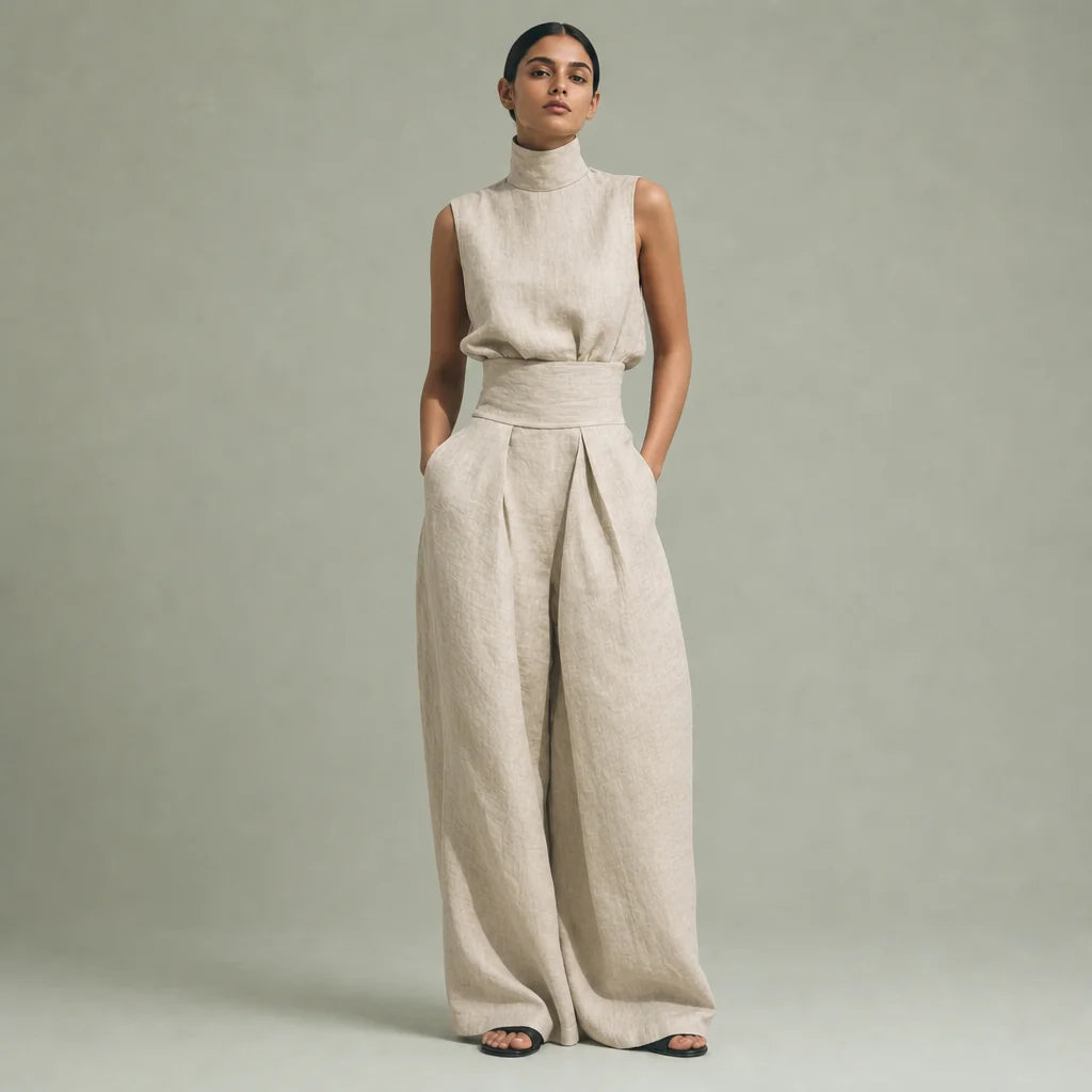 Women's Cotton Linen Blend Sleeveless Blouse | Relaxed Wide-Leg Pants Set for Summer 0