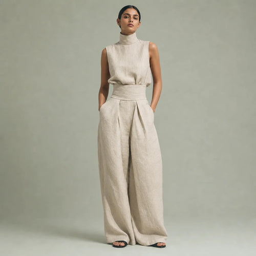 Women's Cotton Linen Blend Sleeveless Blouse | Relaxed Wide-Leg Pants Set for Summer 0