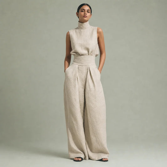 Women's Cotton Linen Blend Sleeveless Blouse | Relaxed Wide-Leg Pants Set for Summer 0