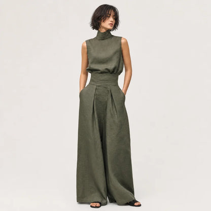 Women's Cotton Linen Blend Sleeveless Blouse | Relaxed Wide-Leg Pants Set for Summer 2