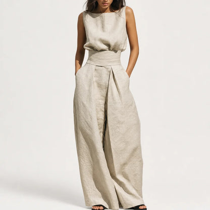 Women's Cotton Linen Blend Sleeveless Blouse | Relaxed Wide-Leg Pants Set for Summer 6