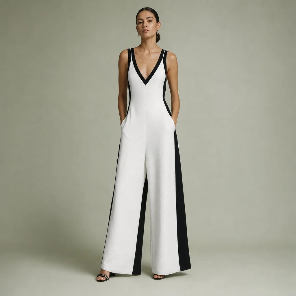 Women's Cotton Linen Color Block Jumpsuit | Chic Deep V-Neck Elegant Wide-Leg Design 0
