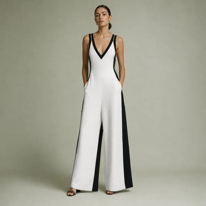 Women's Cotton Linen Color Block Jumpsuit | Chic Deep V-Neck Elegant Wide-Leg Design 0