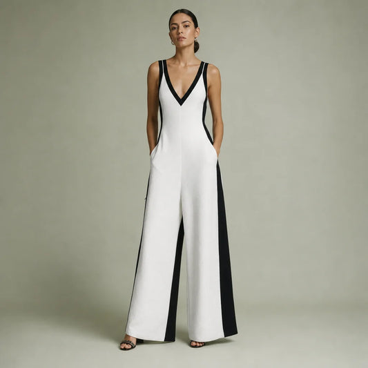 Women's Cotton Linen Color Block Jumpsuit | Chic Deep V-Neck Elegant Wide-Leg Design 0