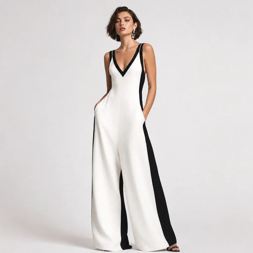 Women's Cotton Linen Color Block Jumpsuit | Chic Deep V-Neck Elegant Wide-Leg Design 1