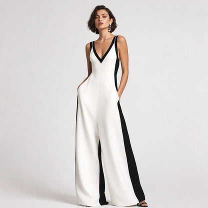 Women's Cotton Linen Color Block Jumpsuit | Chic Deep V-Neck Elegant Wide-Leg Design 1