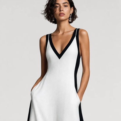 Women's Cotton Linen Color Block Jumpsuit | Chic Deep V-Neck Elegant Wide-Leg Design 2