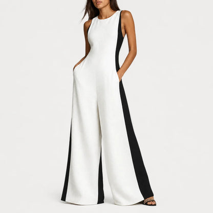 Women's Cotton Linen Color Block Jumpsuit | Chic Deep V-Neck Elegant Wide-Leg Design 3