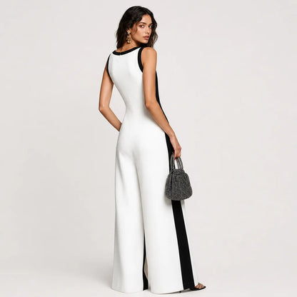 Women's Cotton Linen Color Block Jumpsuit | Chic Deep V-Neck Elegant Wide-Leg Design 4