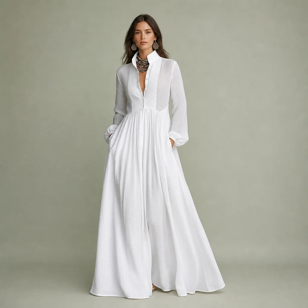 Women's Cotton Linen Maxi Dress | Elegant Long-Sleeve Spring & Autumn Gown 0