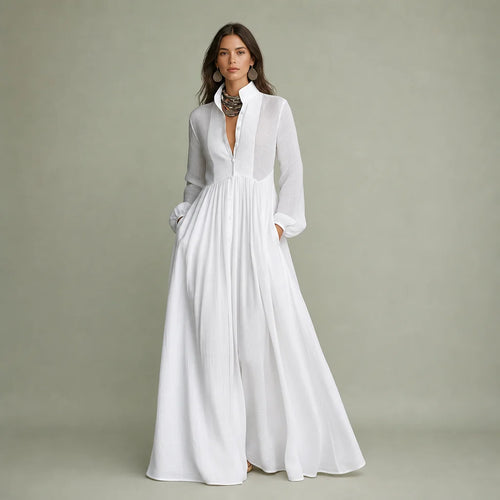Women's Cotton Linen Maxi Dress | Elegant Long-Sleeve Spring & Autumn Gown 0