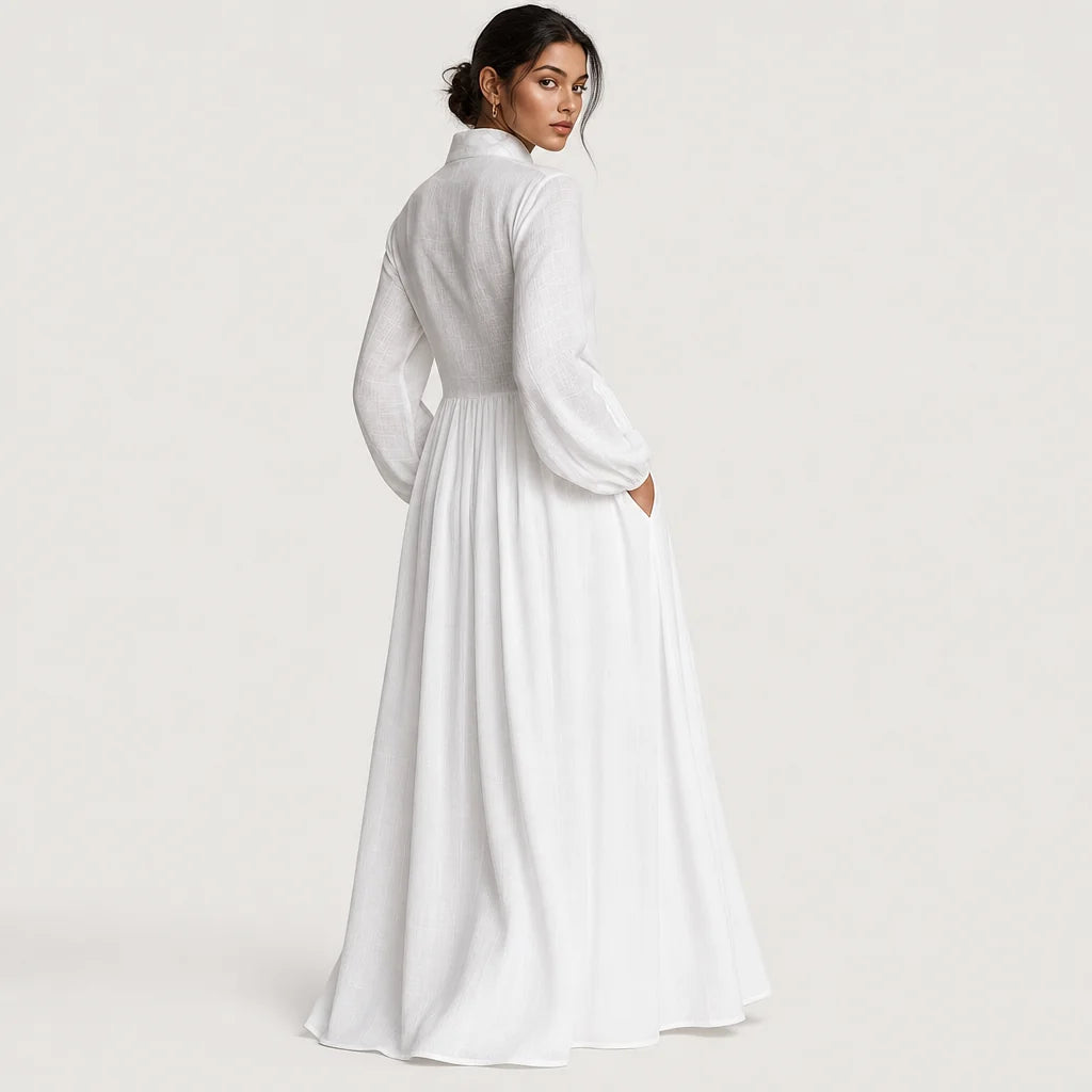 Women's Cotton Linen Maxi Dress | Elegant Long-Sleeve Spring & Autumn Gown 1