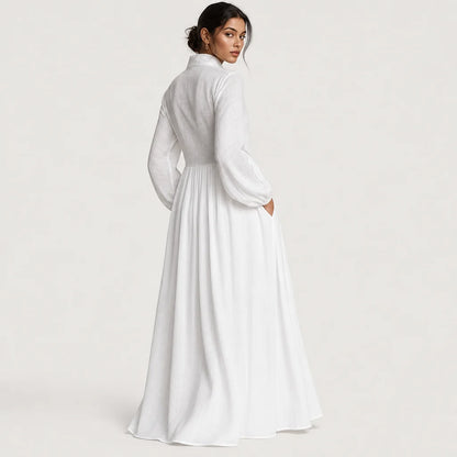 Women's Cotton Linen Maxi Dress | Elegant Long-Sleeve Spring & Autumn Gown 1