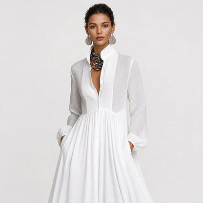 Women's Cotton Linen Maxi Dress | Elegant Long-Sleeve Spring & Autumn Gown 4