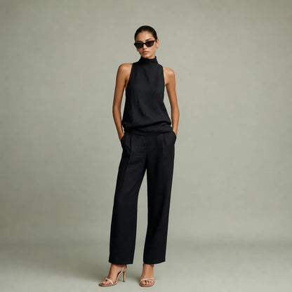 Women's Cotton Linen Two-Piece Set | Elegant Sleeveless Top and Matching Trousers 0