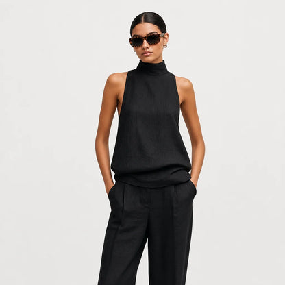 Women's Cotton Linen Two-Piece Set | Elegant Sleeveless Top and Matching Trousers 1