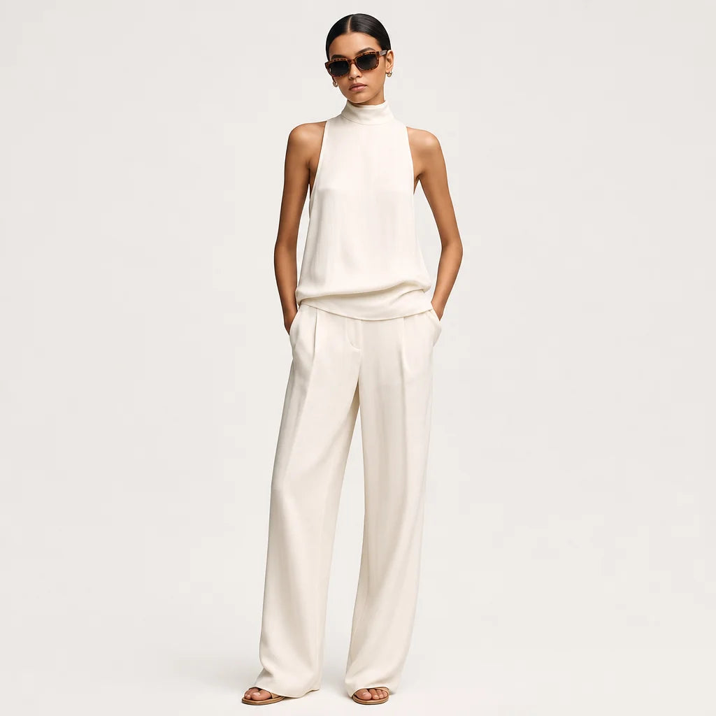 Women's Cotton Linen Two-Piece Set | Elegant Sleeveless Top and Matching Trousers 2