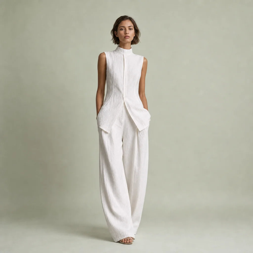 Women's Cotton Linen Two Piece Pants Set | Elegant Sleeveless Top with Stand Collar 0