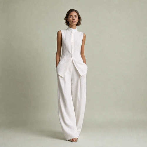 Women's Cotton Linen Two Piece Pants Set | Elegant Sleeveless Top with Stand Collar 0