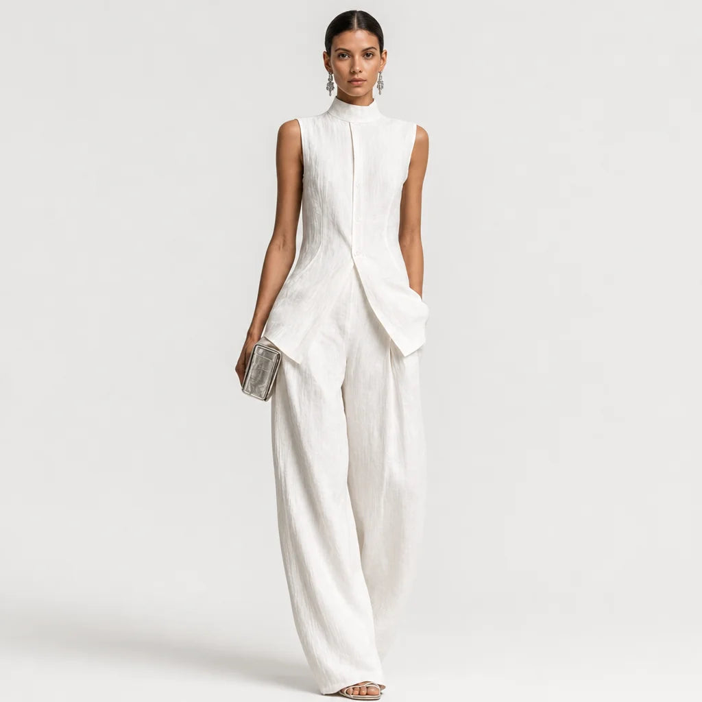 Women's Cotton Linen Two Piece Pants Set | Elegant Sleeveless Top with Stand Collar 1