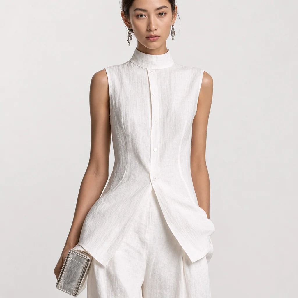 Women's Cotton Linen Two Piece Pants Set | Elegant Sleeveless Top with Stand Collar 2