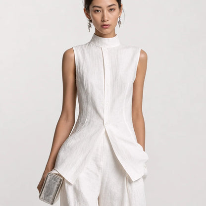 Women's Cotton Linen Two Piece Pants Set | Elegant Sleeveless Top with Stand Collar 2