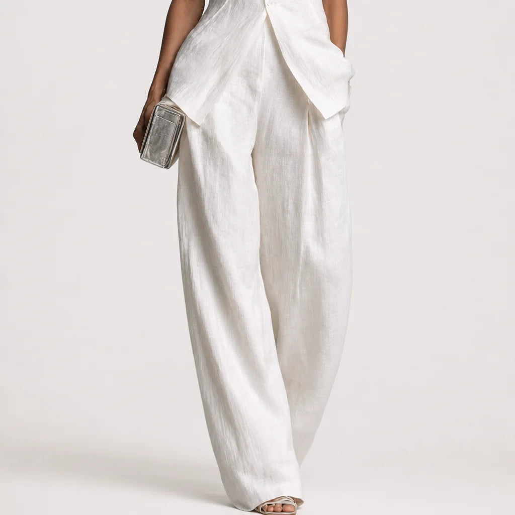 Women's Cotton Linen Two Piece Pants Set | Elegant Sleeveless Top with Stand Collar 3