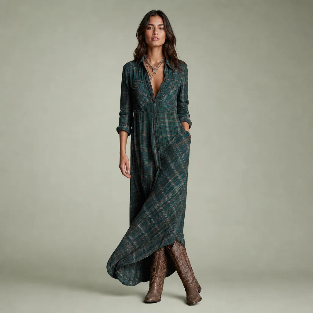 Women's Cotton Plaid Maxi Dress | Elegant Lapel Collar Summer Dress 0