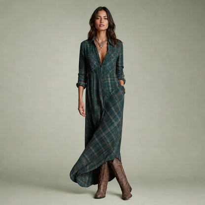 Women's Cotton Plaid Maxi Dress | Elegant Lapel Collar Summer Dress 0