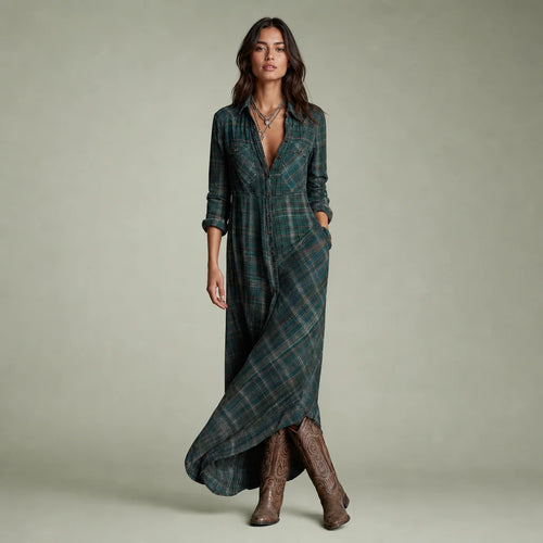 Women's Cotton Plaid Maxi Dress | Elegant Lapel Collar Summer Dress 0