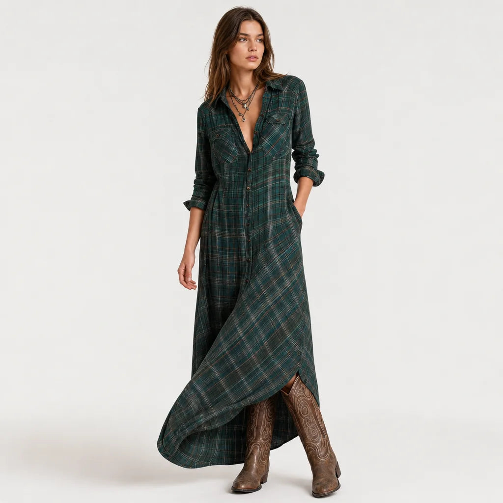 Women's Cotton Plaid Maxi Dress | Elegant Lapel Collar Summer Dress 1