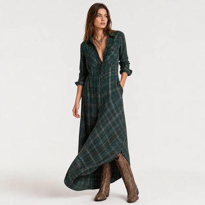 Women's Cotton Plaid Maxi Dress | Elegant Lapel Collar Summer Dress 1
