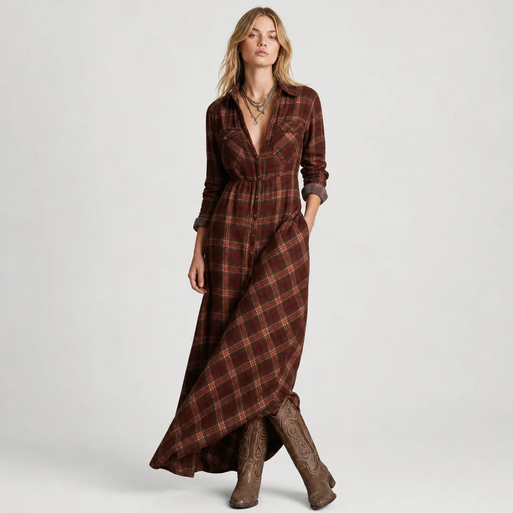 Women's Cotton Plaid Maxi Dress | Elegant Lapel Collar Summer Dress 2