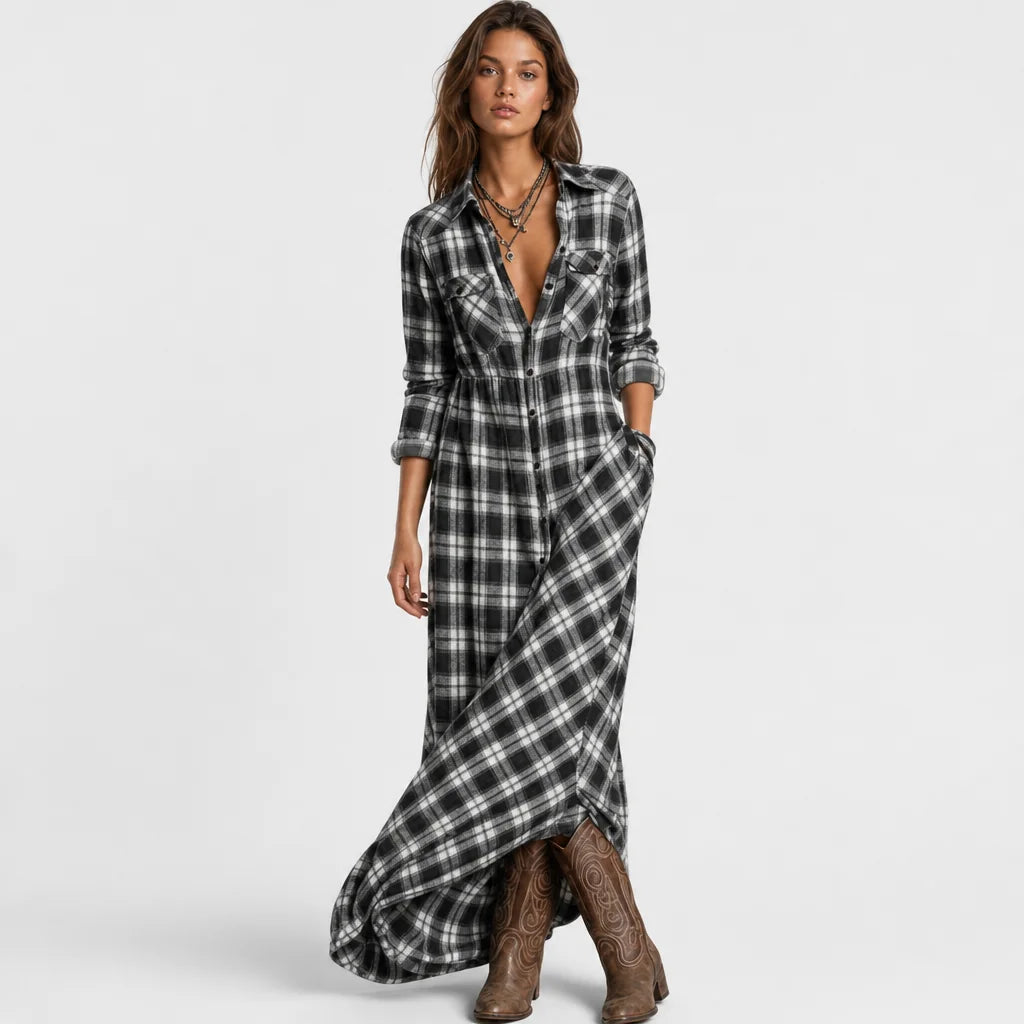 Women's Cotton Plaid Maxi Dress | Elegant Lapel Collar Summer Dress 4